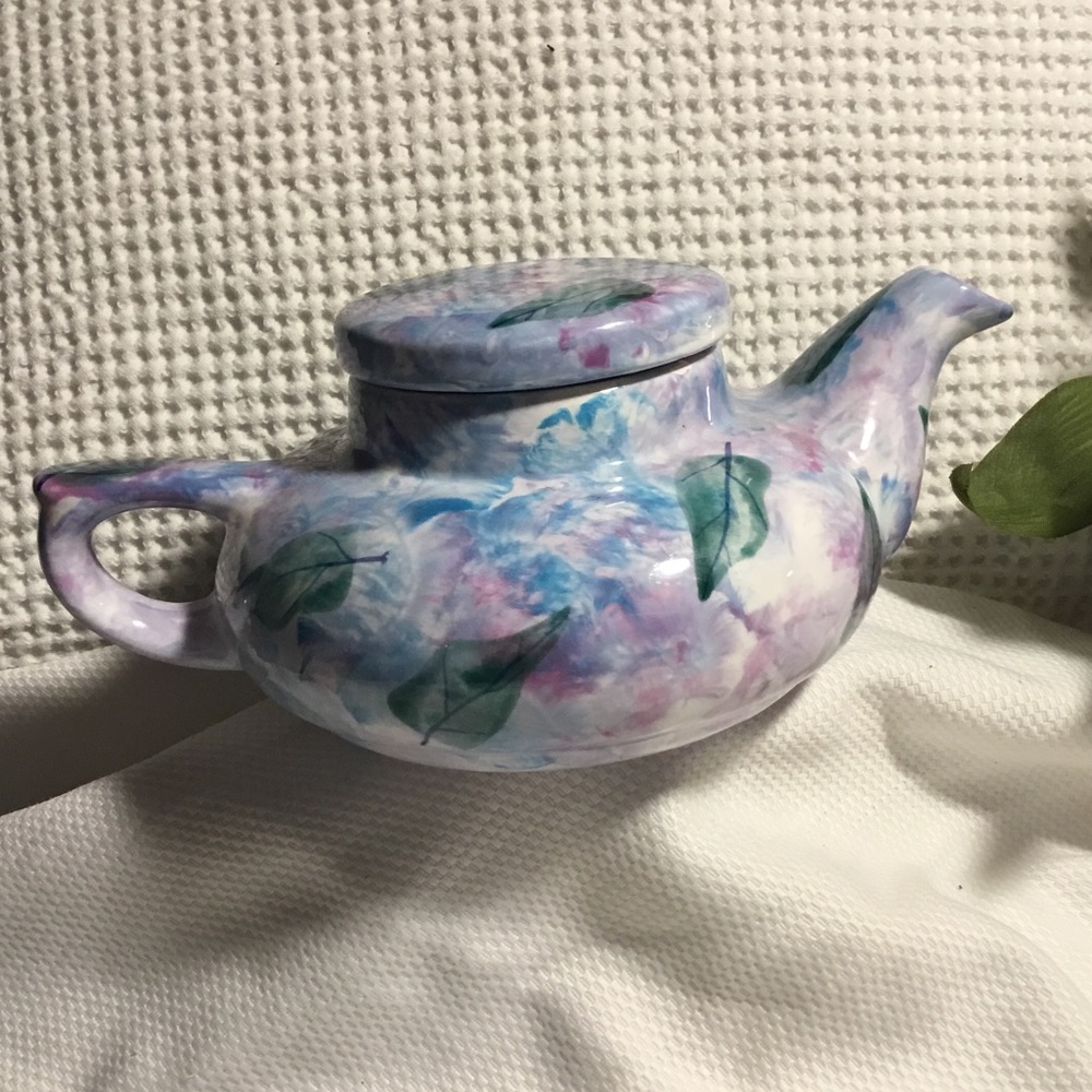 K. Major Signed Ceramic Tea Pot and Lid Set with Floral Design Purple Green